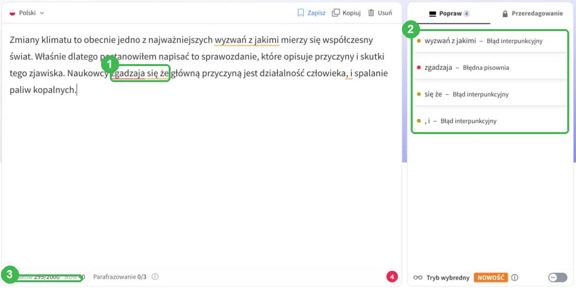 LanguageTool: tekst z podkreśleniami i lista 4 poprawek po prawej