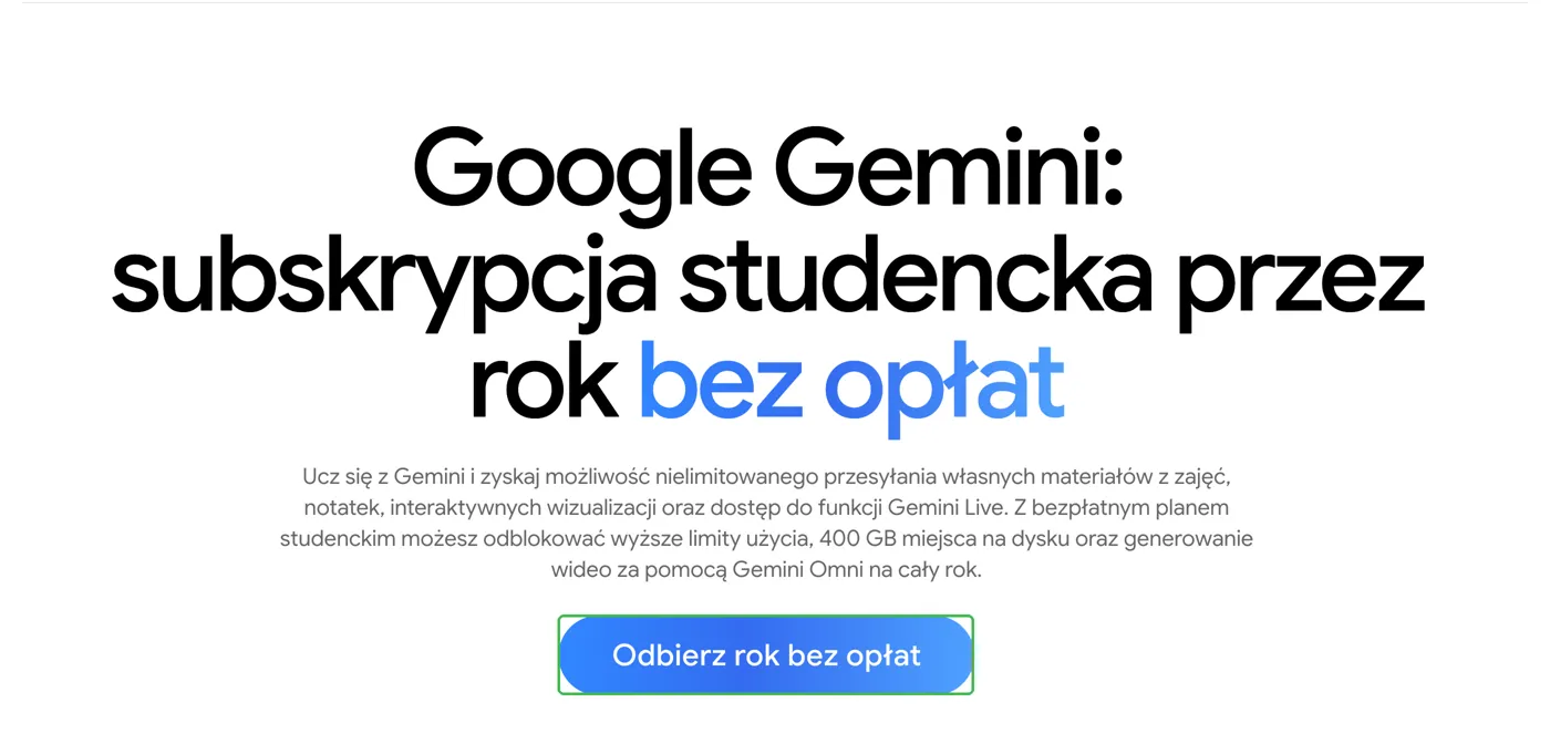Strona oferty Gemini dla studentów z przyciskiem Odbierz rok bez opłat