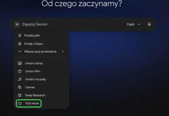 Menu plusa z zaznaczoną opcją Tryb nauki