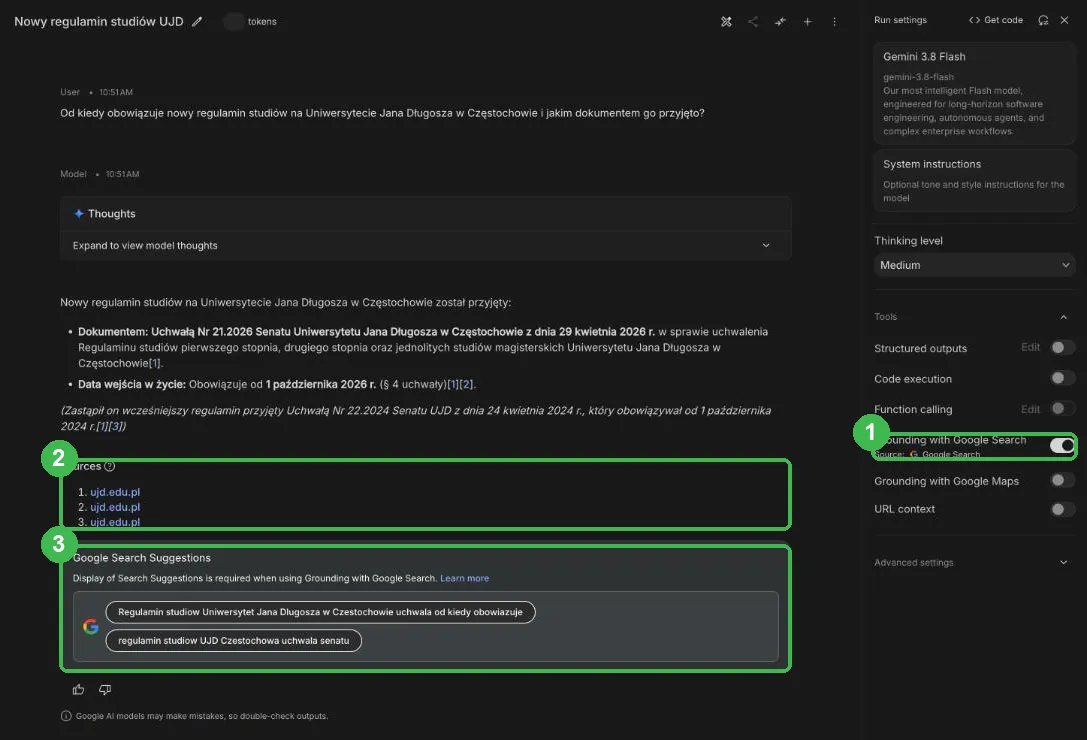Odpowiedź o regulaminie UJD z numerami źródeł, listą Sources i podpowiedziami wyszukiwania Google