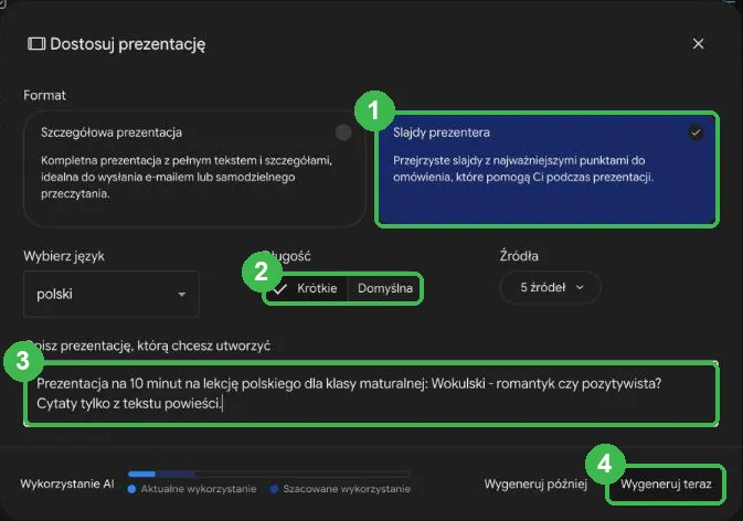 Okno Dostosuj prezentację z formatem Slajdy prezentera, krótką długością, opisem i przyciskiem Wygeneruj teraz