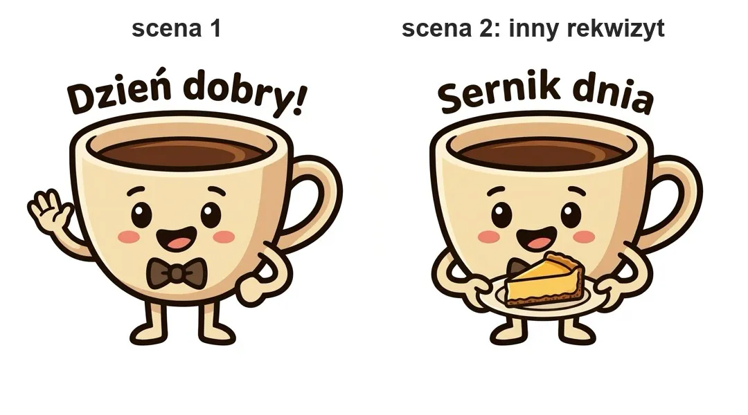 Scena 1 i scena 2: ta sama postać, zmieniony tylko rekwizyt