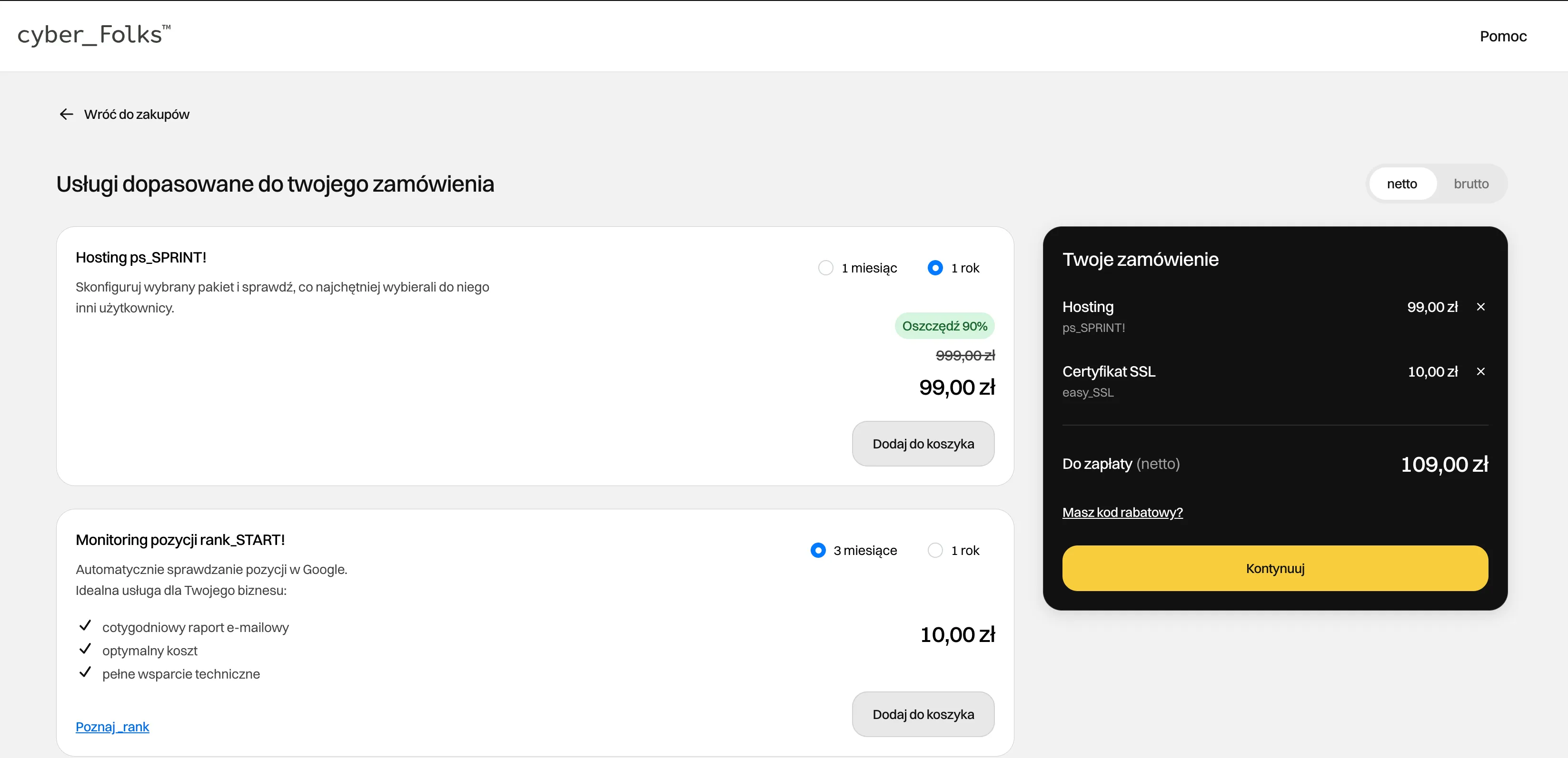 Koszyk cyber_Folks z pakietem ps_SPRINT! za 99 zł netto na rok i certyfikatem easy_SSL za 10 zł