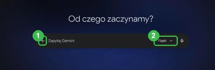 Ekran startowy Gemini z polem Zapytaj Gemini, plusem i wyborem modelu Flash