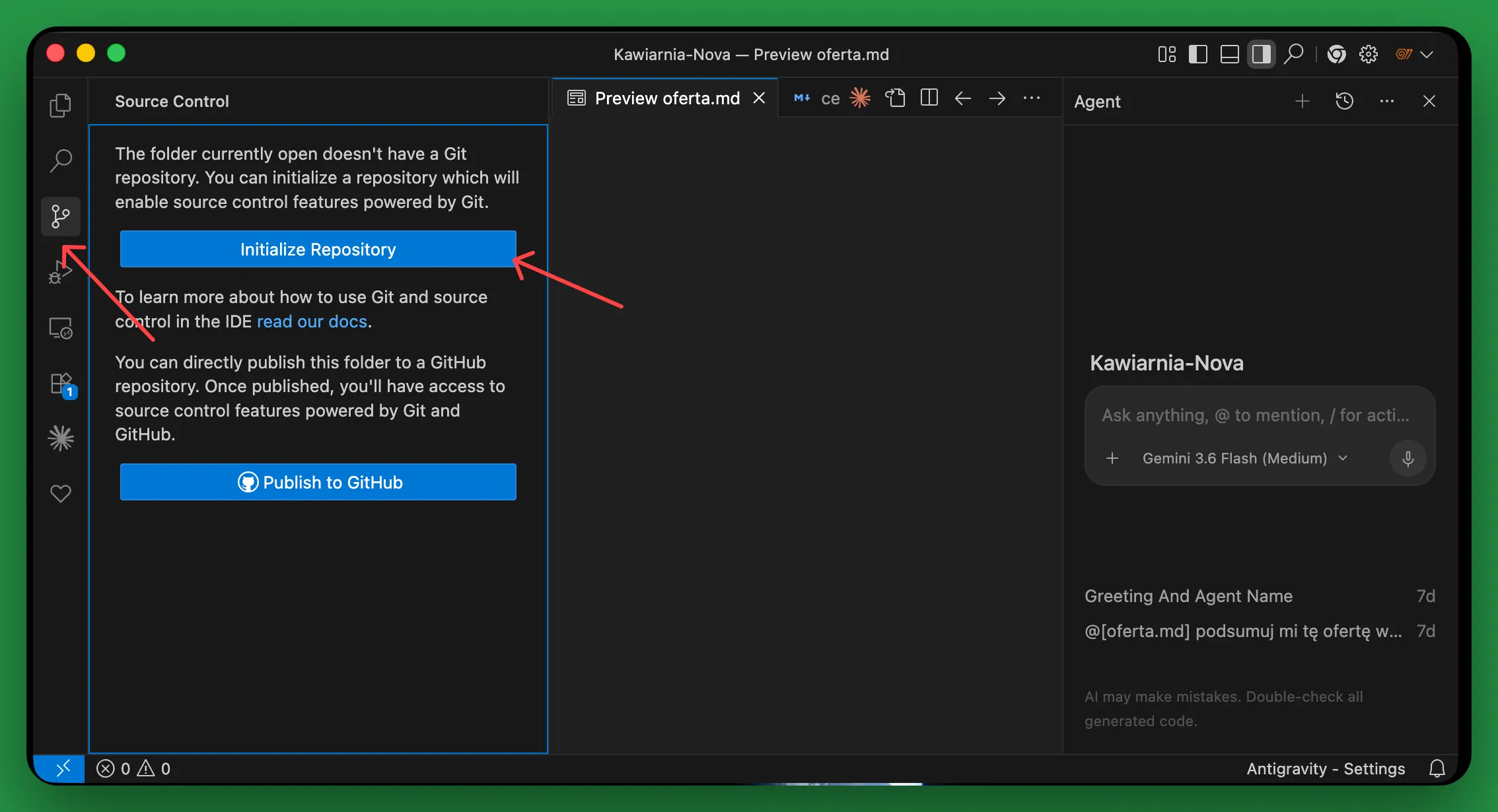 Panel kontroli wersji i przycisk Initialize Repository