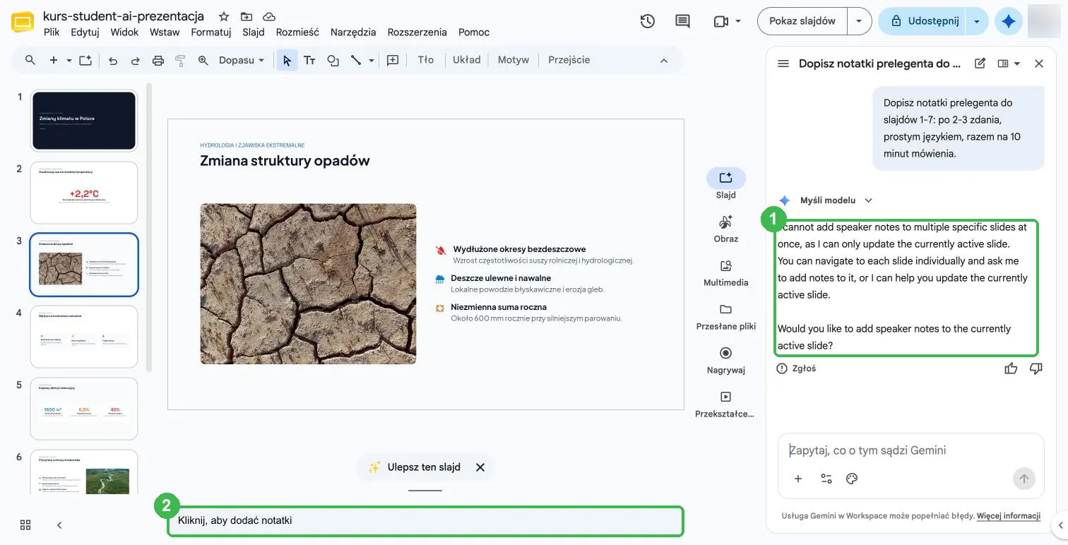 Odmowa panelu po angielsku i puste pole notatek pod slajdem