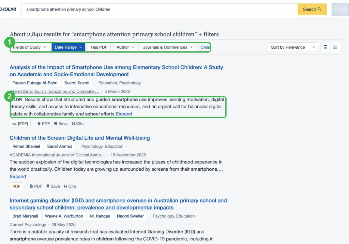 Wyniki Semantic Scholar z filtrami i streszczeniem TLDR pod artykułem