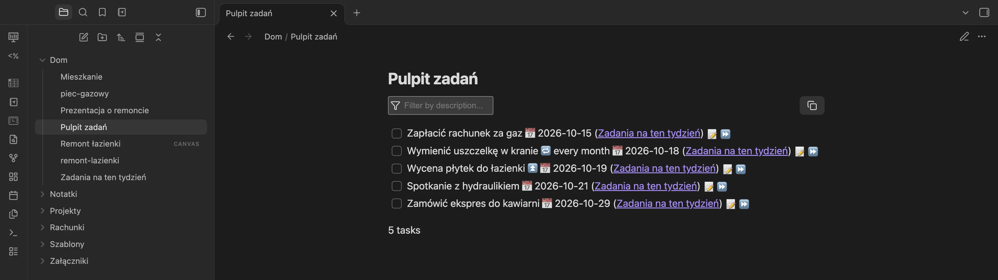 Pulpit zadań w Obsidianie: zapytanie tasks pokazuje pięć zadań z terminami i linkami do notatek źródłowych