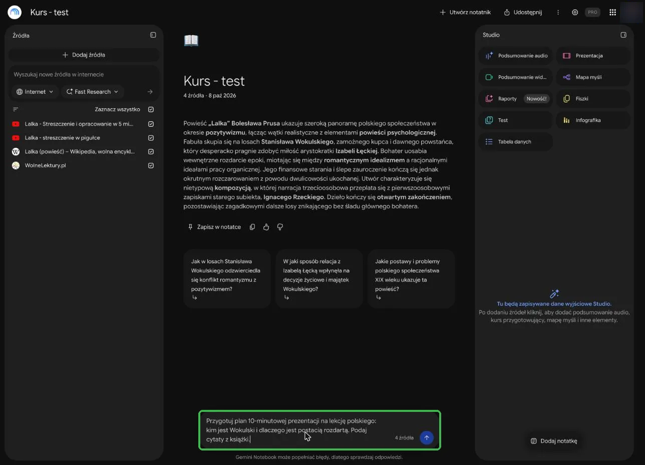 Pole pytania z wpisanym poleceniem o plan prezentacji