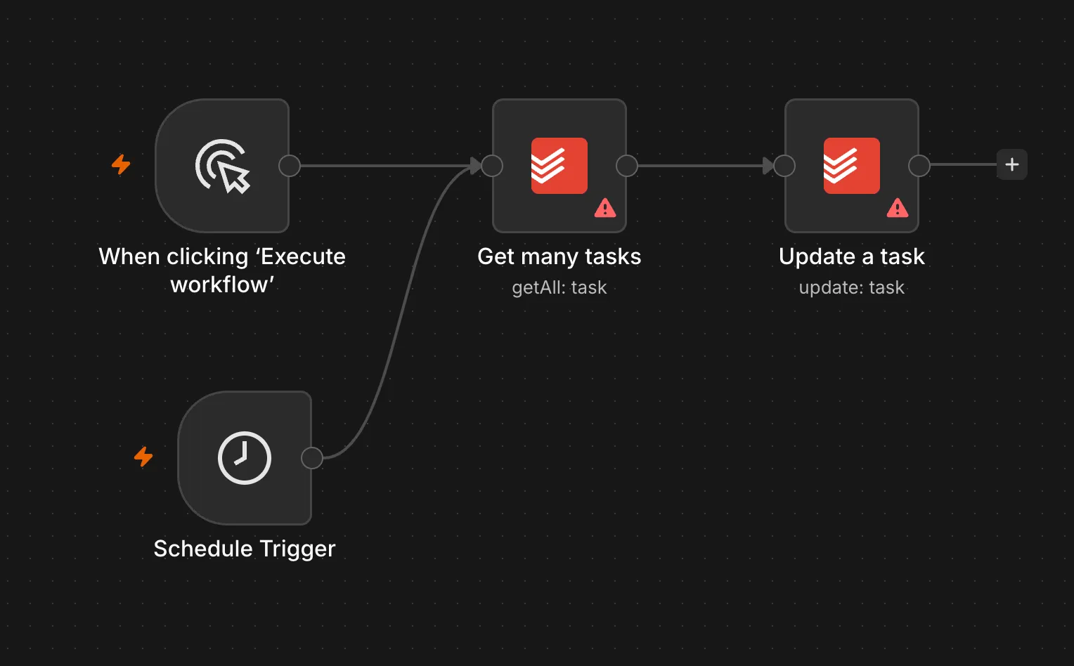 Cały workflow na kanwie - dwa wyzwalacze wpięte w Get many tasks, dalej Update a task