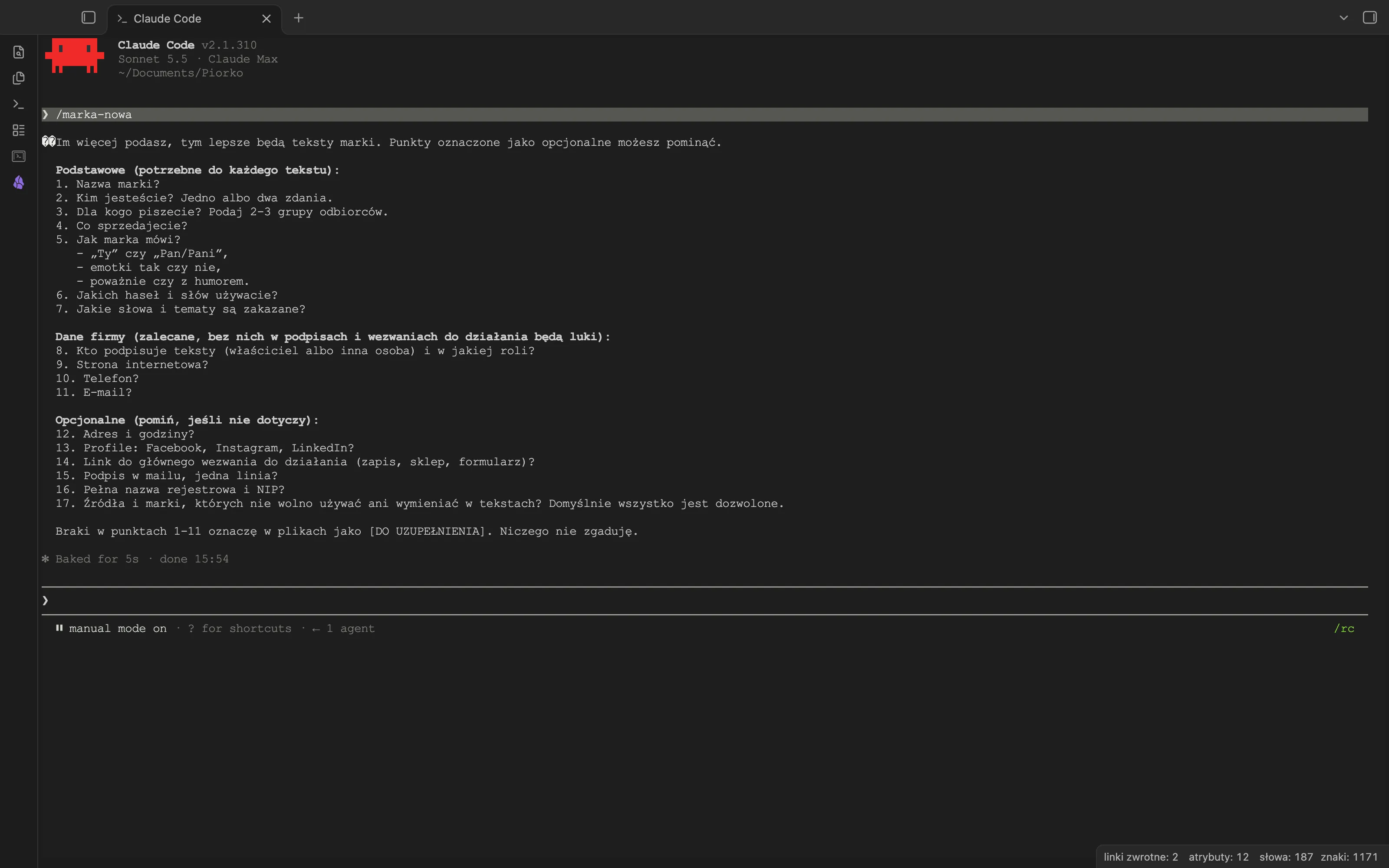 Terminal Claude Code po poleceniu /marka-nowa: pytania podstawowe, dane firmy i punkty opcjonalne, wszystkie w jednej wiadomości