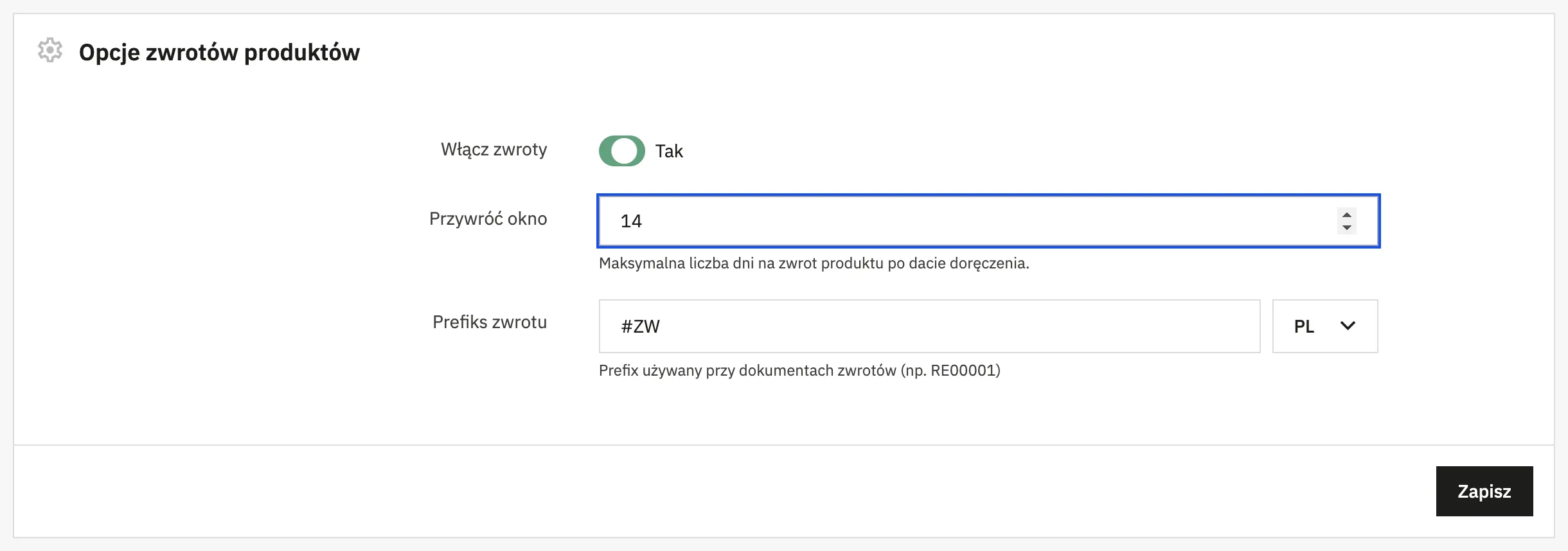 Opcje zwrotów produktów: włączone zwroty, 14 dni i prefiks #ZW