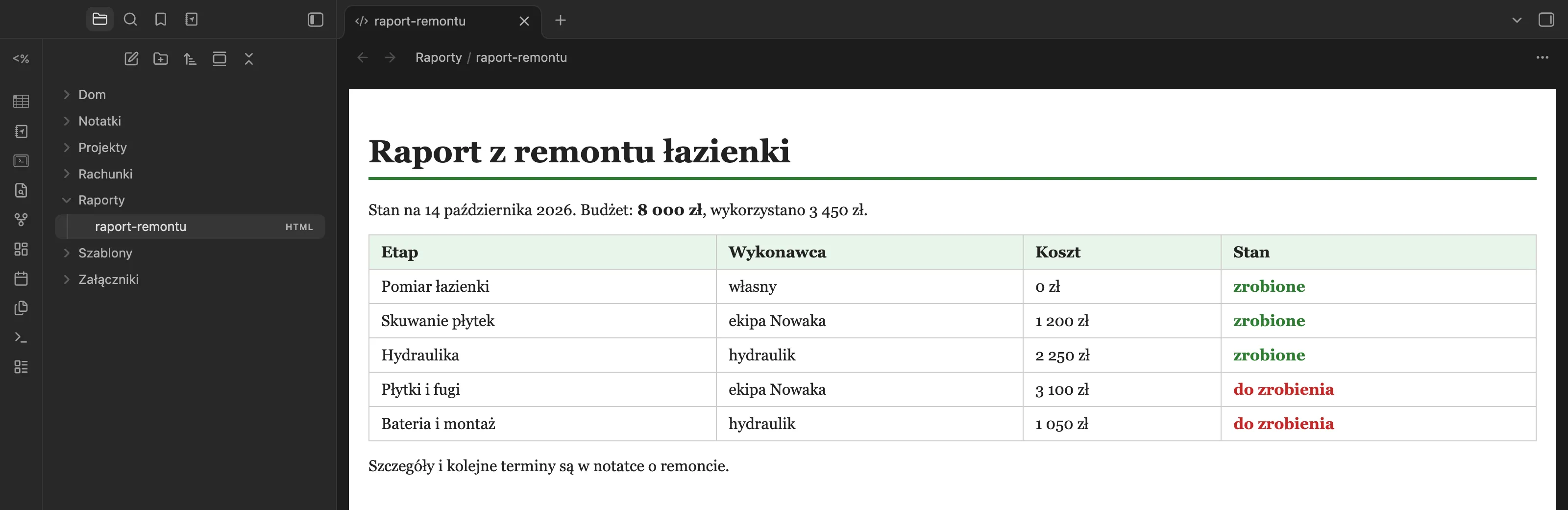 Plik raport-remontu.html otwarty w Obsidianie: nagłówek, tabela z etapami remontu i kolorowymi stanami