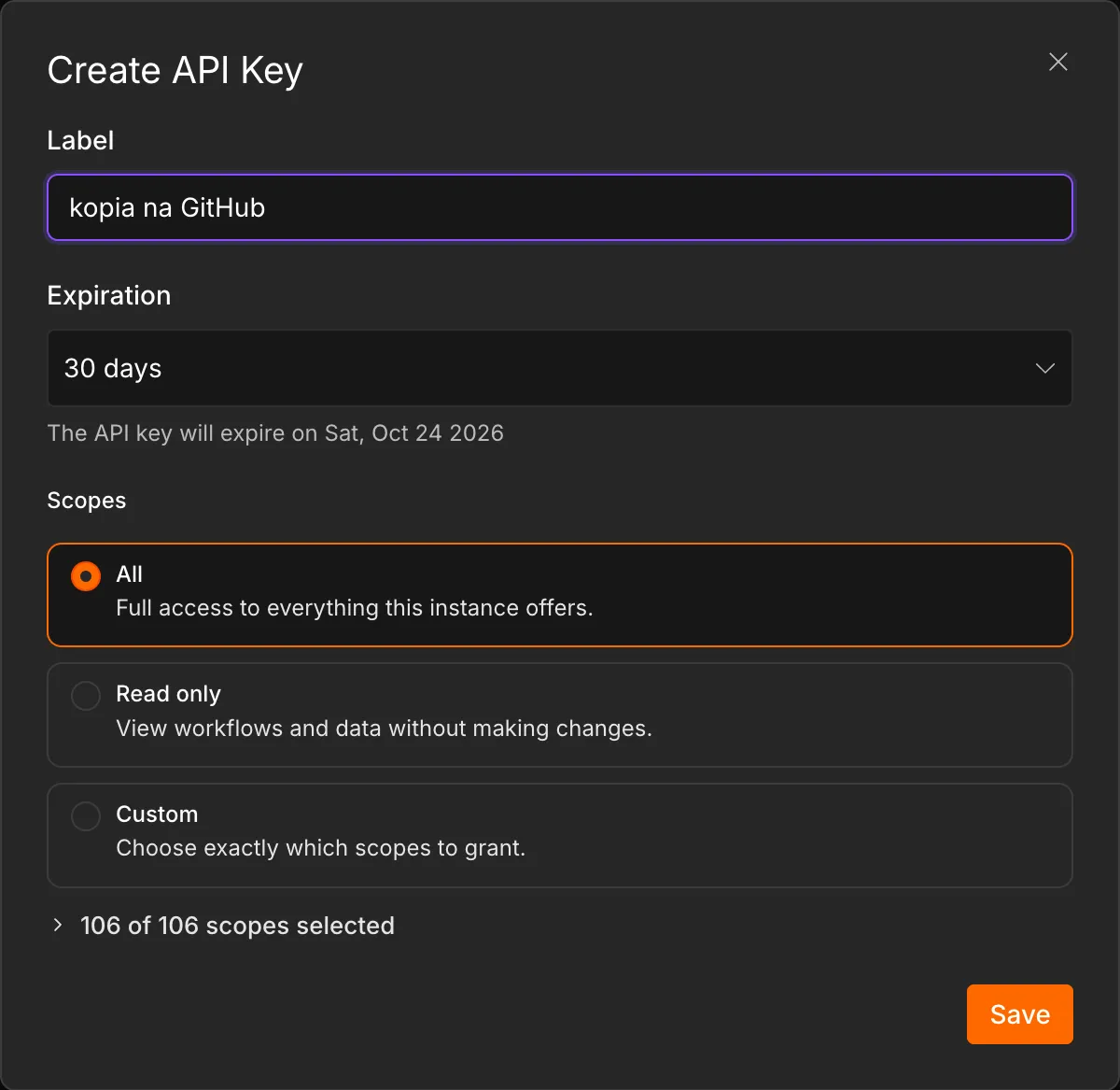 Okno Create API Key w n8n - Label z nazwą kopia na GitHub, Expiration 30 dni i Scopes z opcjami All, Read only i Custom