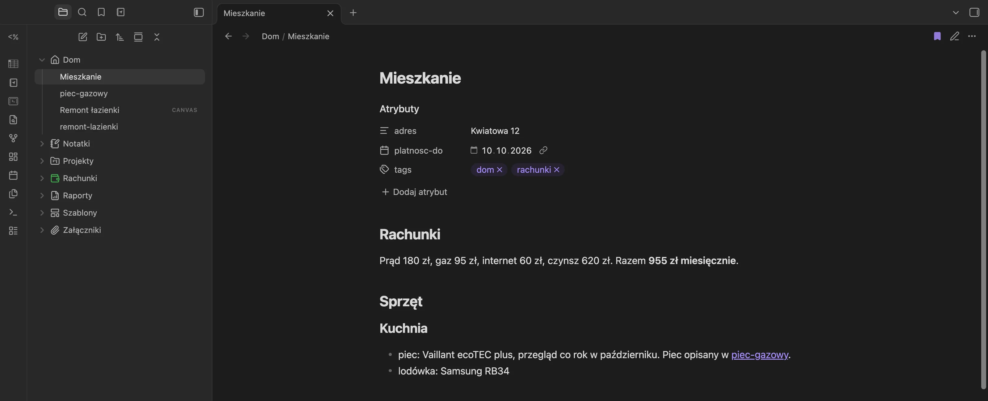 Drzewo plików z ikonami Iconize przy folderach: dom, notatki, projekty, rachunki w zielonym kolorze, raporty, szablony i załączniki