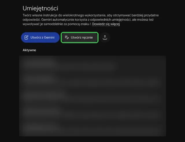 Strona Umiejętności z zaznaczonym przyciskiem Utwórz ręcznie