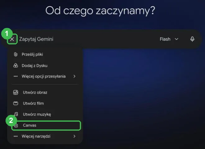 Menu plusa w Gemini z zaznaczoną opcją Canvas