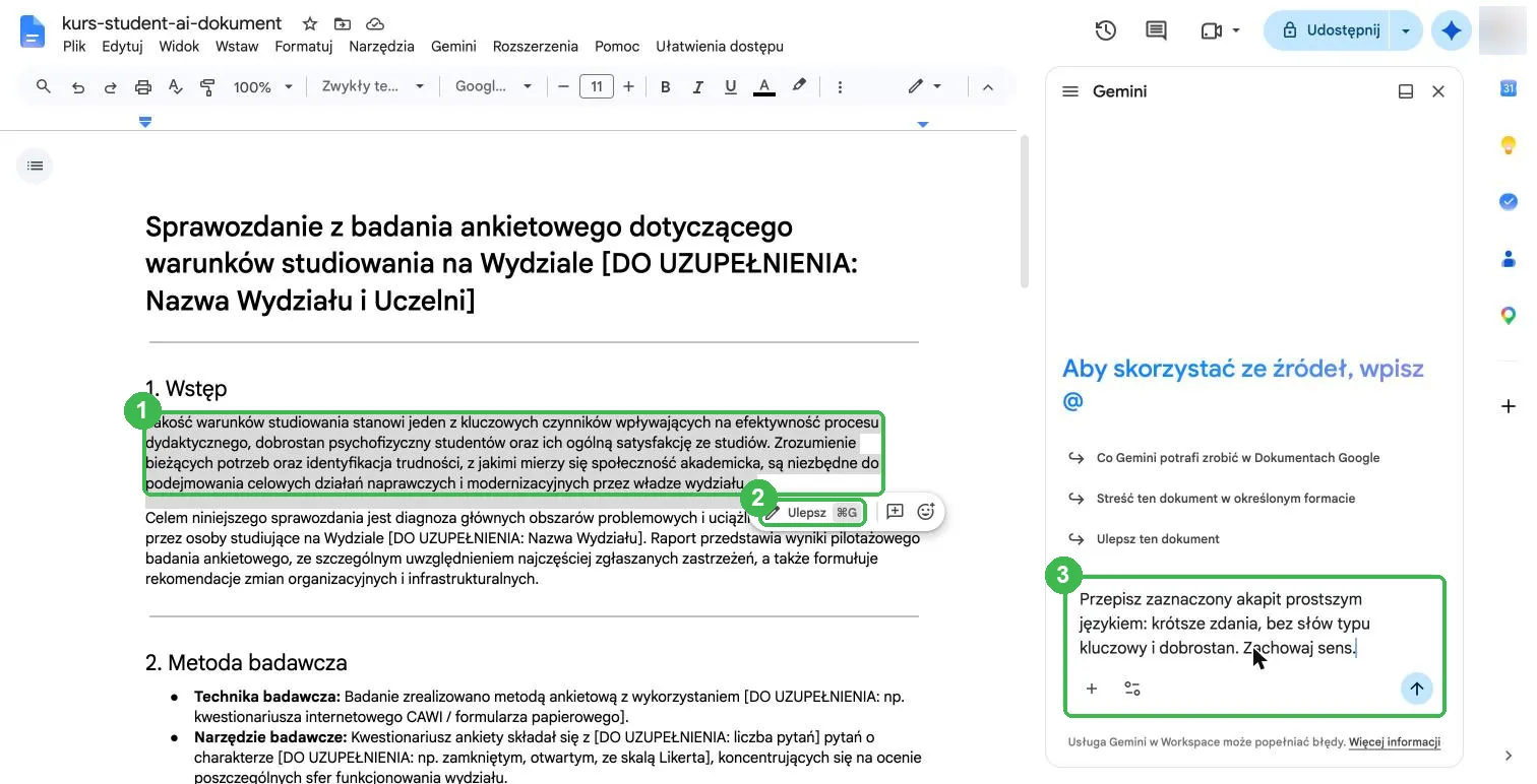 Zaznaczony akapit wstępu, dymek Ulepsz i polecenie w panelu