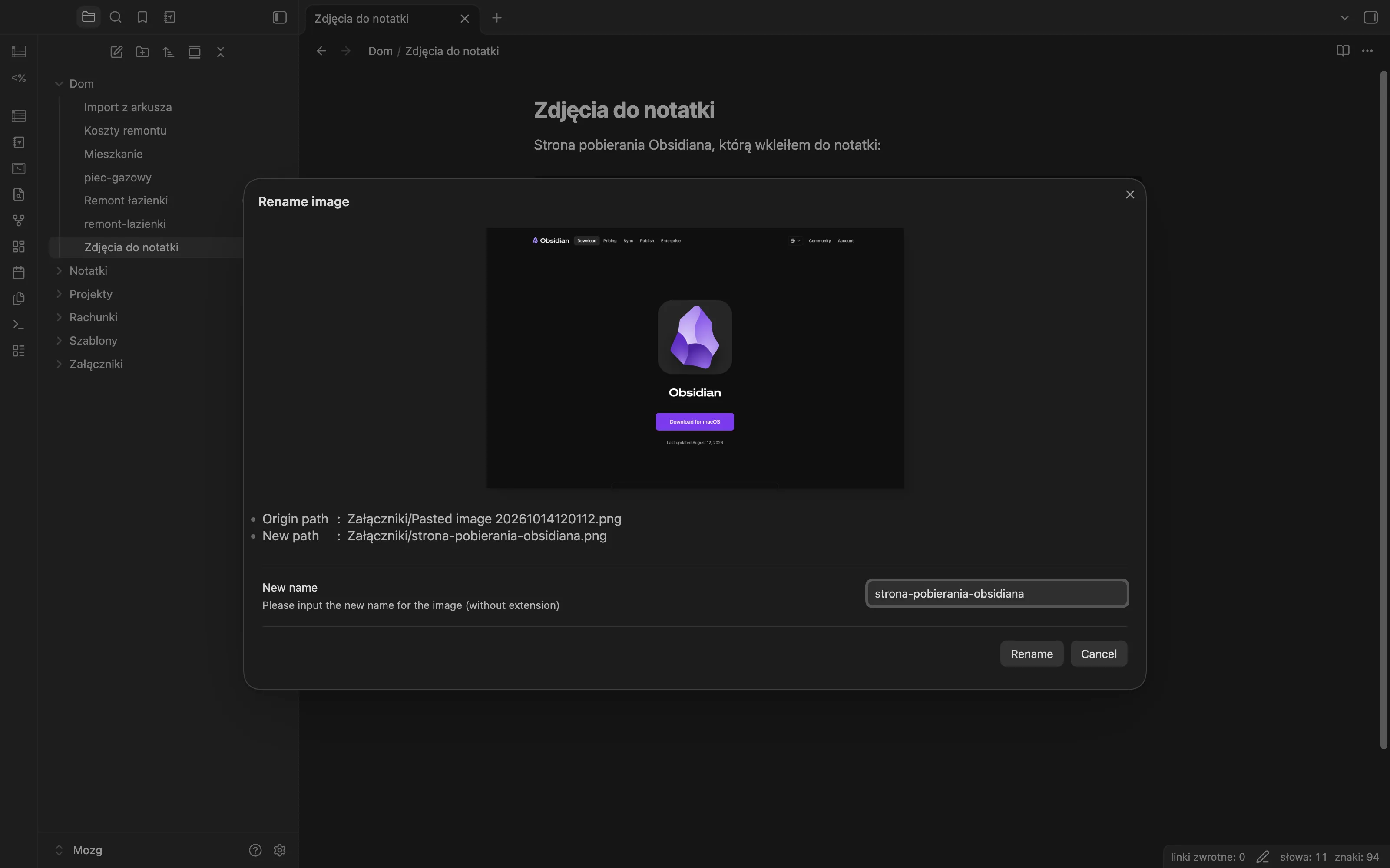 Okno Rename image po wklejeniu obrazka: podgląd, ścieżka źródłowa Pasted image, nowa ścieżka i pole z nową nazwą