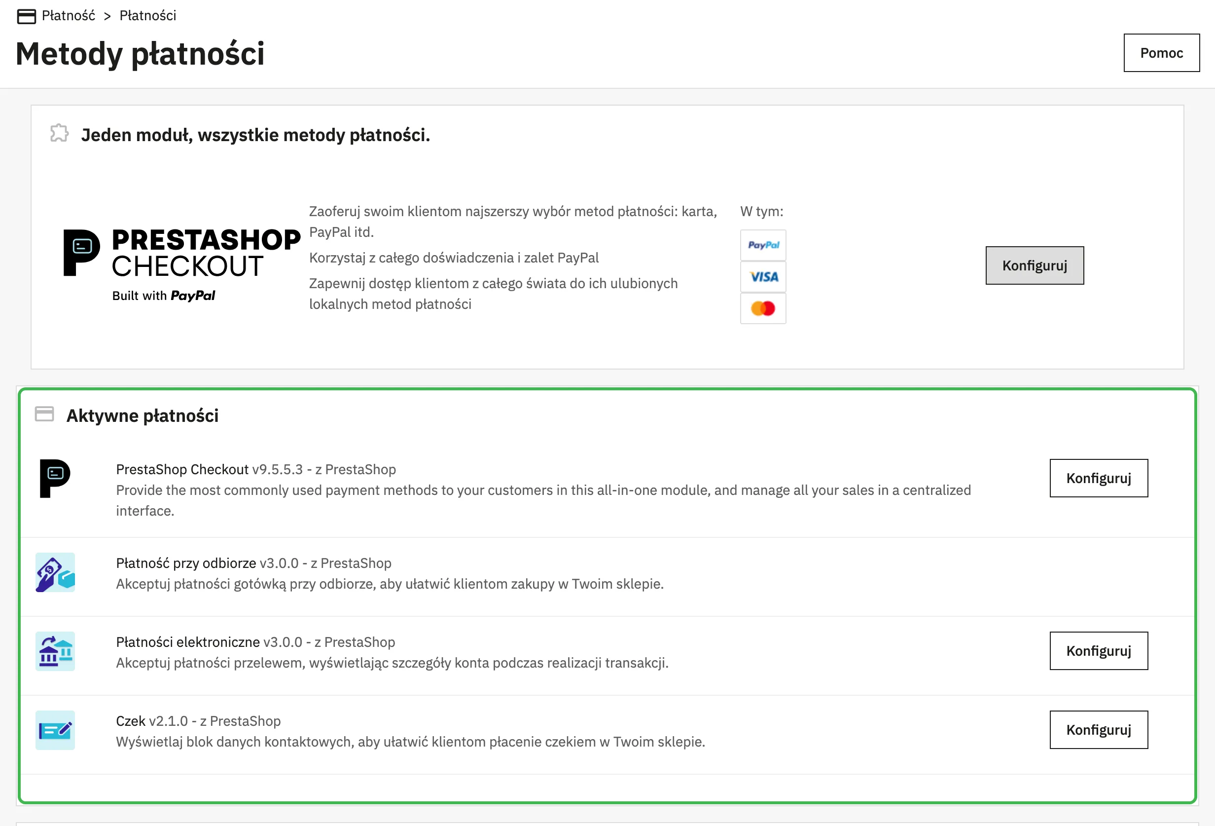 Strona Metody płatności z listą aktywnych płatności: PrestaShop Checkout, płatność przy odbiorze, płatności elektroniczne i czek