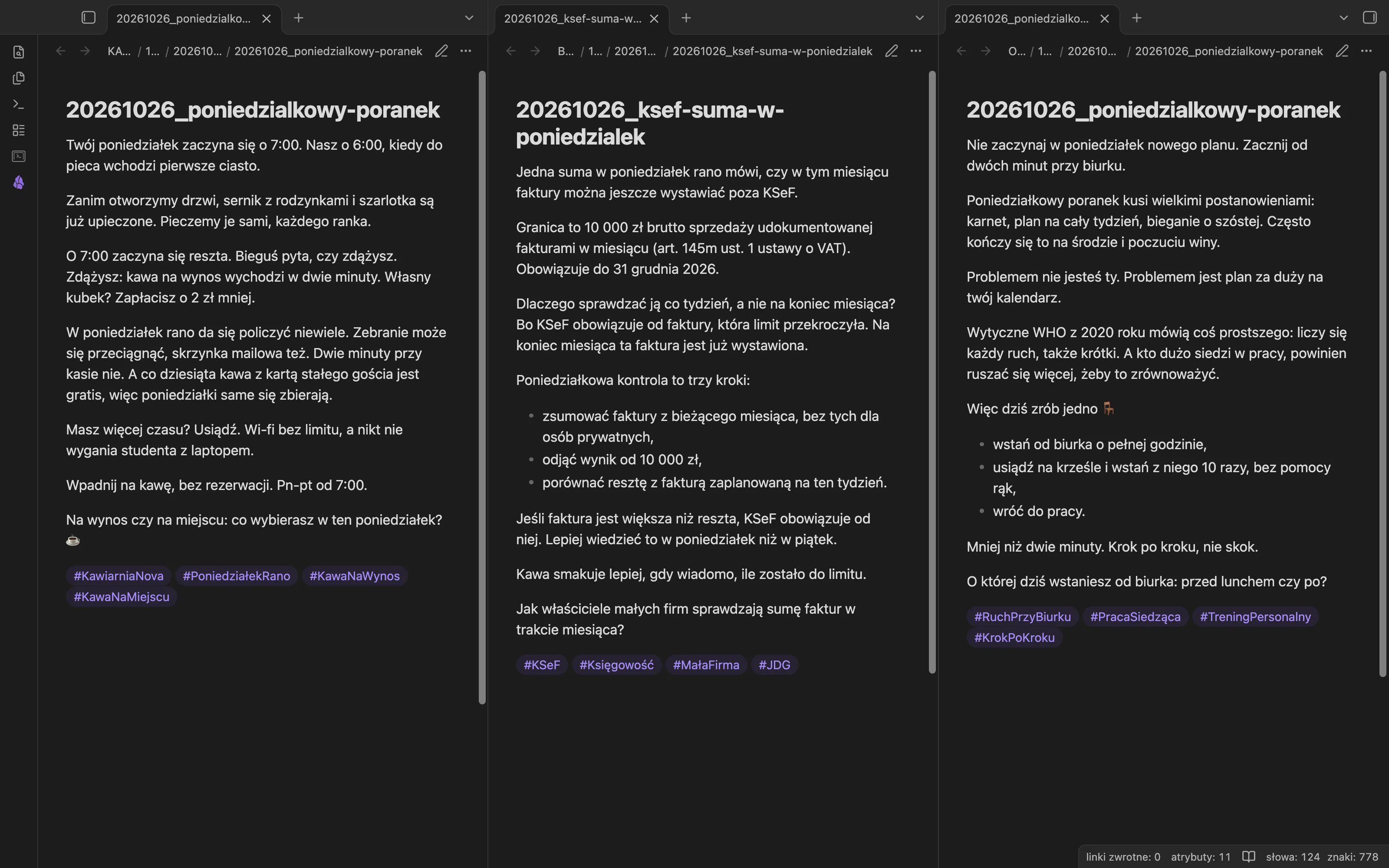 Trzy posty LinkedIn o poniedziałkowym poranku obok siebie, każdy innym tonem
