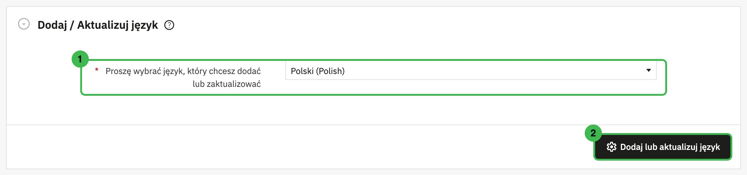 Sekcja Dodaj / Aktualizuj język z wybranym językiem polskim i przyciskiem Dodaj lub aktualizuj język