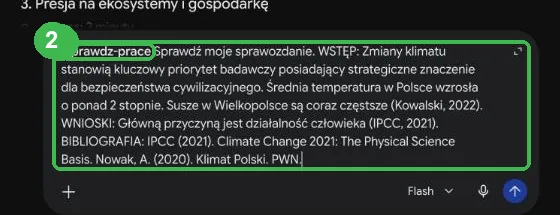 Pole pytania z wywołaniem /sprawdz-prace i wklejonym sprawozdaniem