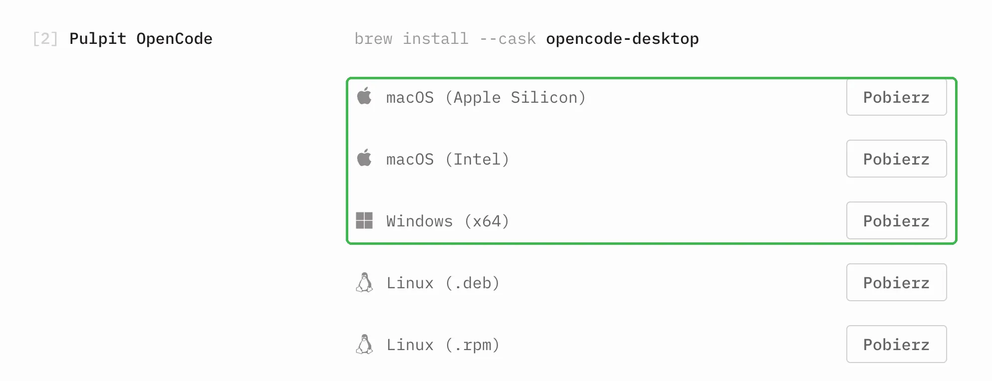 Strona pobierania OpenCode z przyciskami Pobierz dla macOS, Windows i Linuksa