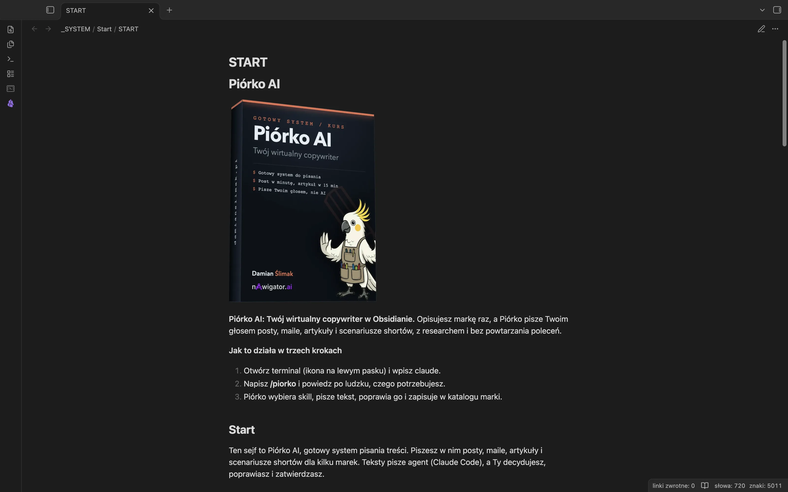 Plik START w Obsidianie: okładka Piórko AI, krótki opis i trzy kroki, a niżej sekcje Start, Co gdzie leży i Polecenia