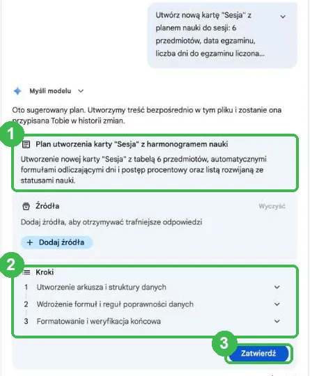 Plan utworzenia karty Sesja z trzema krokami i przyciskiem Zatwierdź