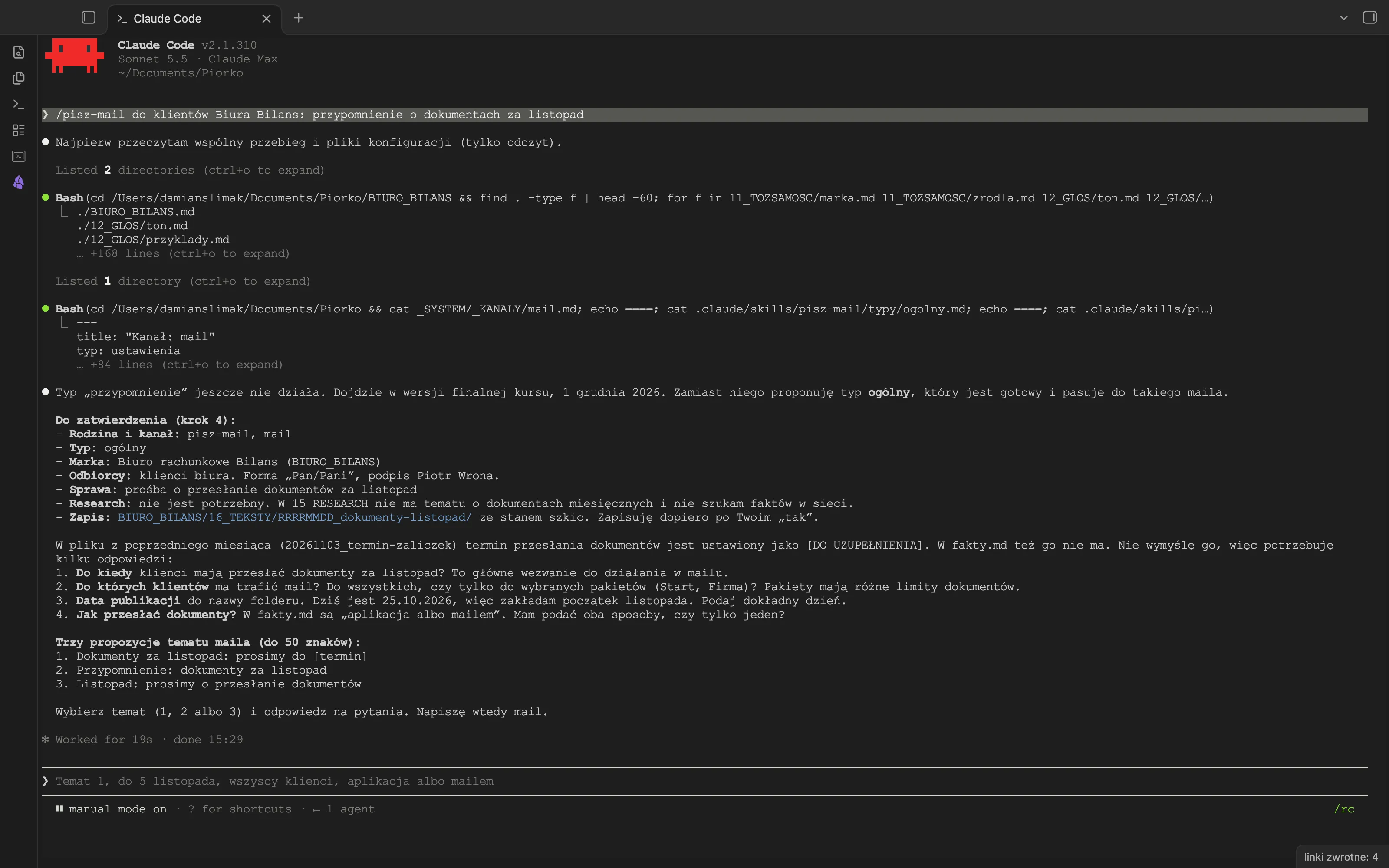Terminal Claude Code po poleceniu /pisz-mail dla Biura Bilans: pytania o odbiorców, datę publikacji i sposób przesłania dokumentów oraz trzy propozycje tematu maila