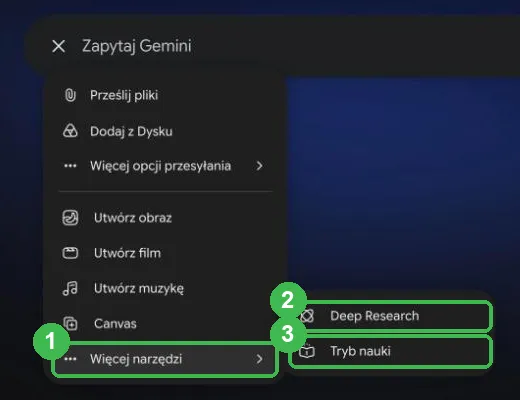 Menu plusa: Więcej narzędzi z opcjami Deep Research i Tryb nauki