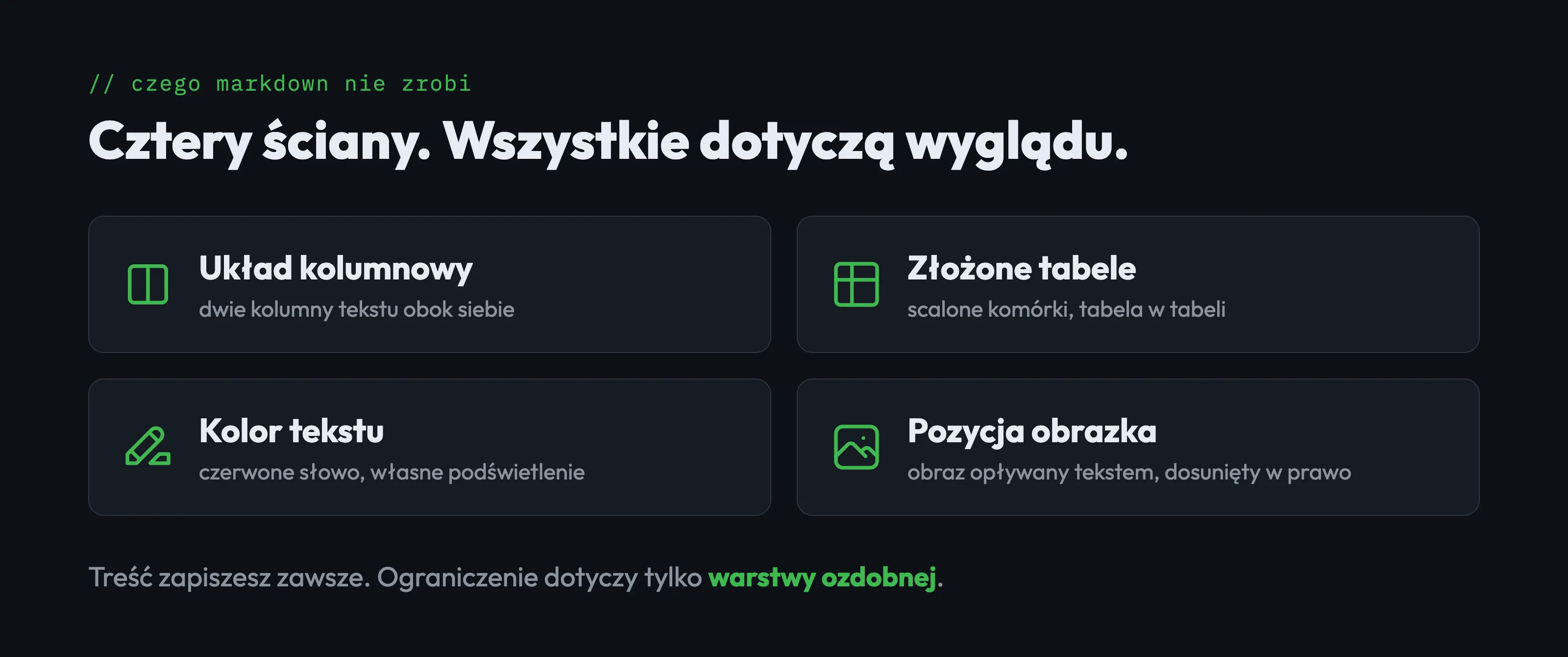Cztery ściany markdownu: układ kolumnowy, złożone tabele, kolor tekstu i pozycja obrazka