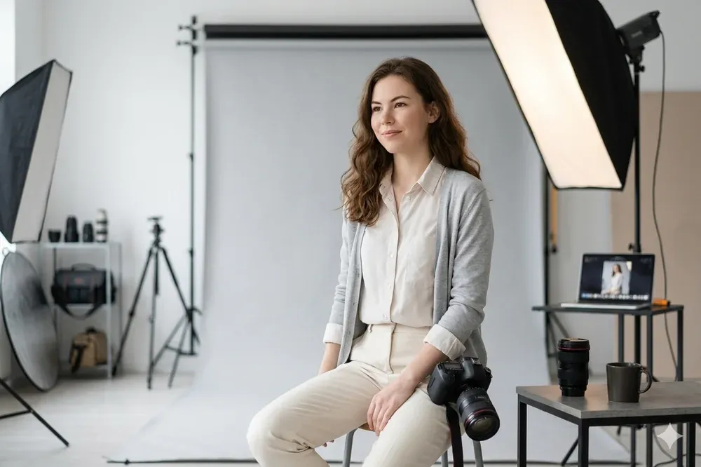Portret w jasnym studiu z softboxem