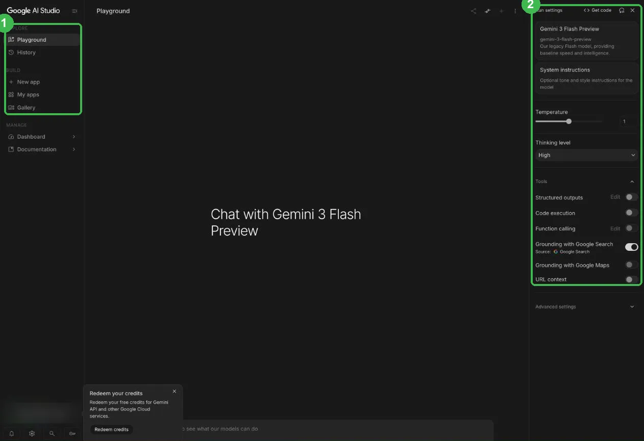 Ekran AI Studio: menu po lewej, okno rozmowy na środku, ustawienia po prawej