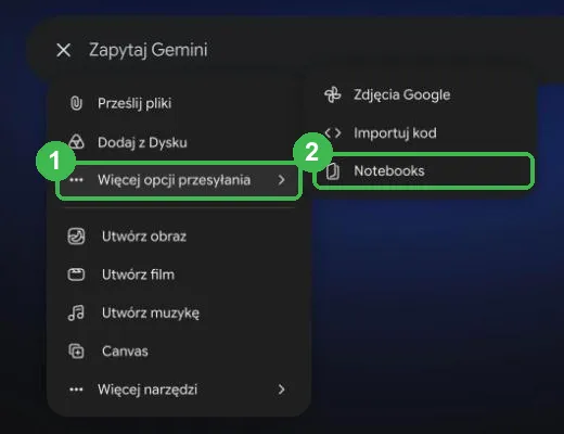 Menu plusa: Więcej opcji przesyłania i opcja Notebooks