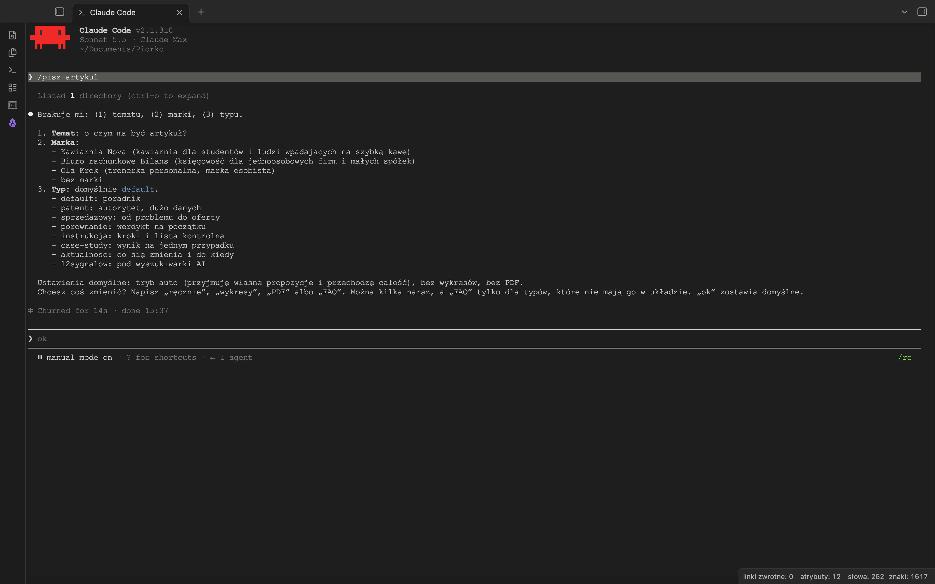 Terminal Claude Code po poleceniu /pisz-artykul bez argumentów: Piórko pyta o temat, markę i typ oraz podaje domyślne ustawienia