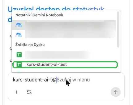Lista po wpisaniu @ z notatnikami i plikami z Dysku, wybrany arkusz
