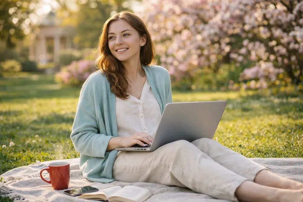 Praca na laptopie w kwitnącym parku