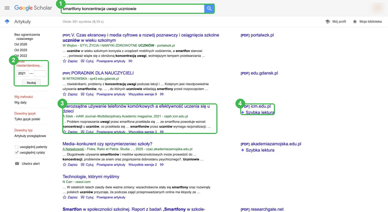 Wyniki Google Scholar: pole wyszukiwania, filtr lat po lewej, wynik z czasopisma i link do PDF