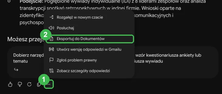 Menu pod odpowiedzią z opcją Eksportuj do Dokumentów