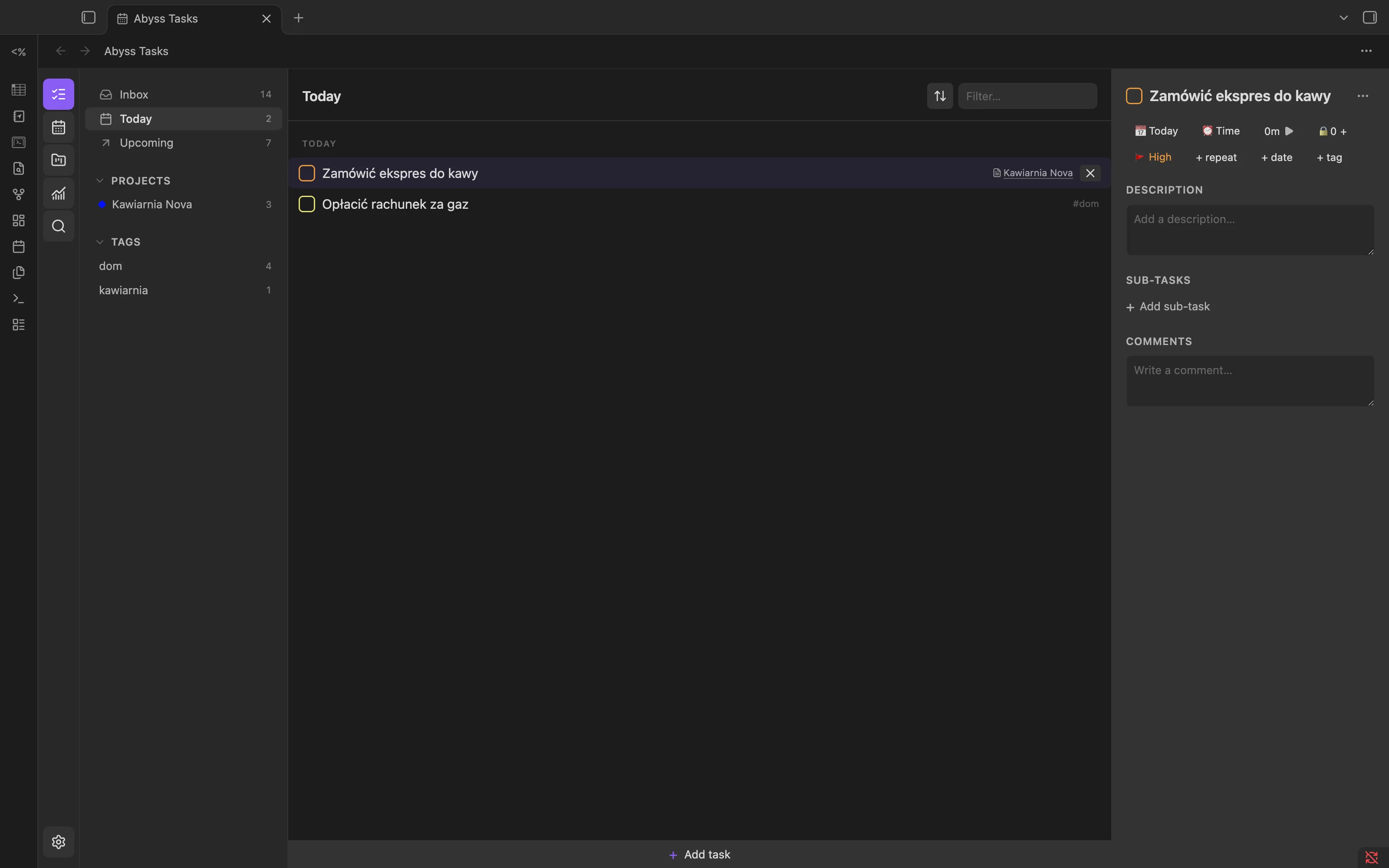 Widok Today w Abyss Tasks: lista zadań na dziś i panel szczegółów wybranego zadania