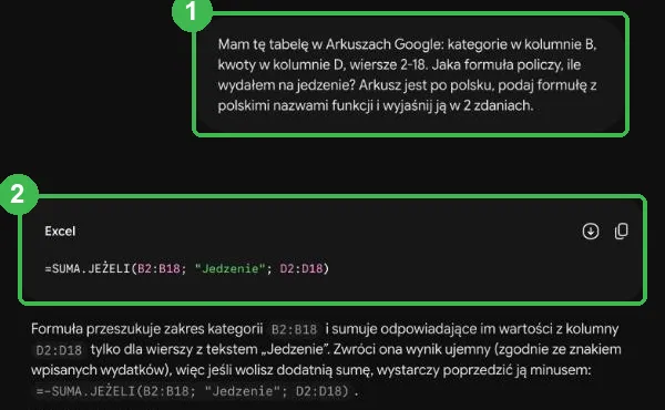 Pytanie o formułę i odpowiedź Gemini z formułą SUMA.JEŻELI