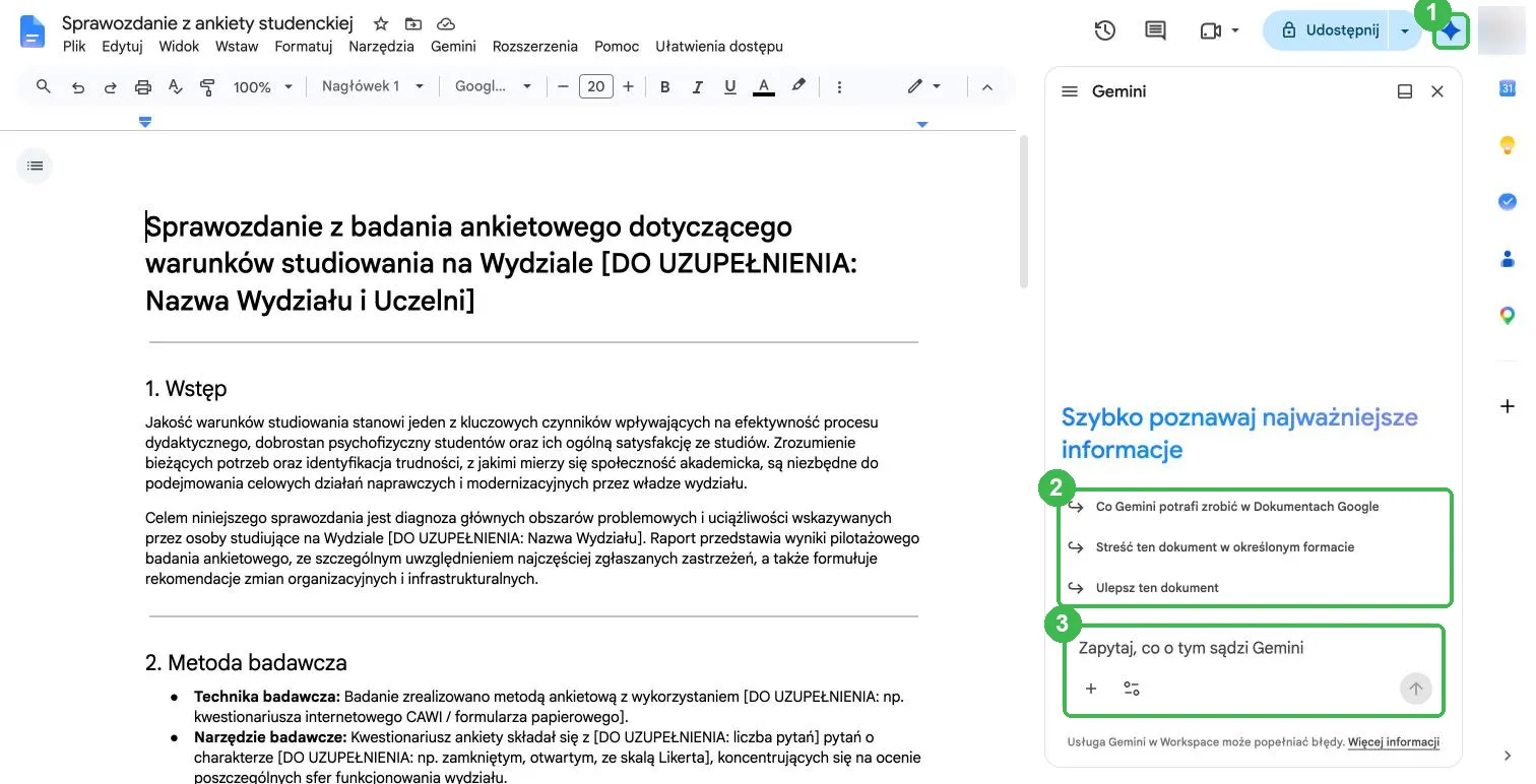 Dokument z otwartym panelem Gemini, propozycjami i polem pytania