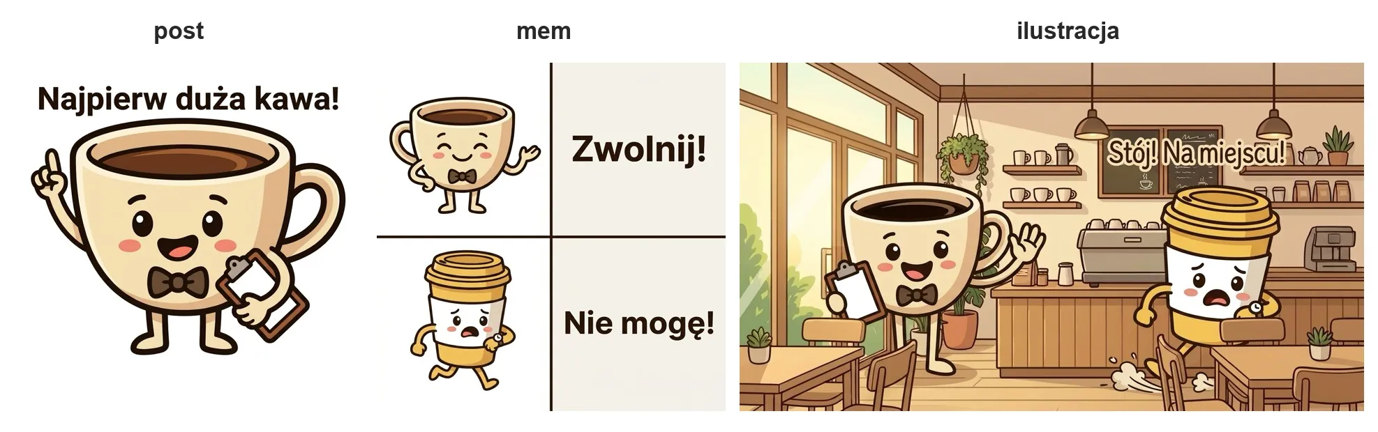 Seria grafik o porannym pośpiechu: post, mem i ilustracja