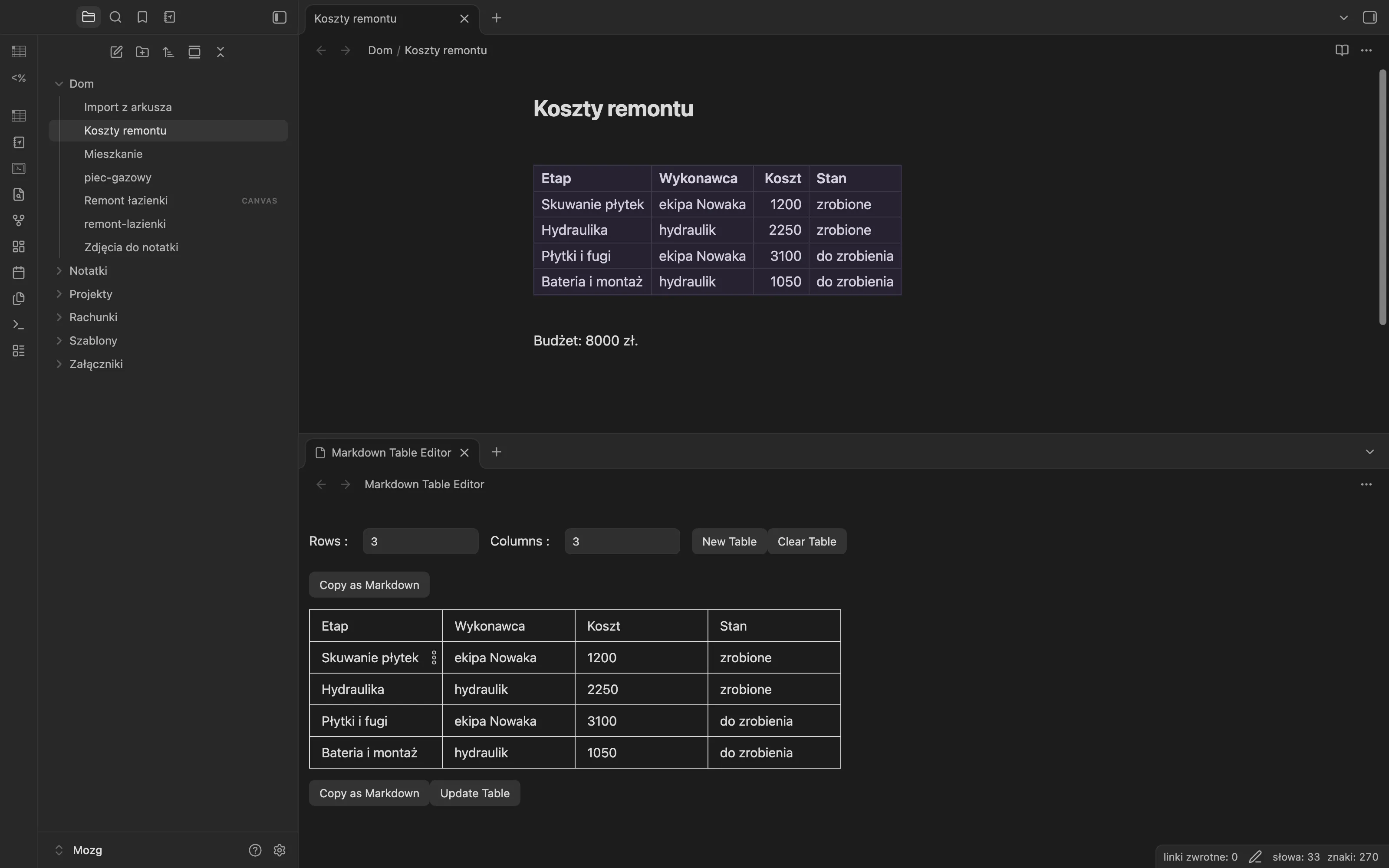 Notatka z tabelą markdown nad otwartym oknem Markdown Table Editor, w którym ta sama tabela jest pokazana jako edytowalna siatka