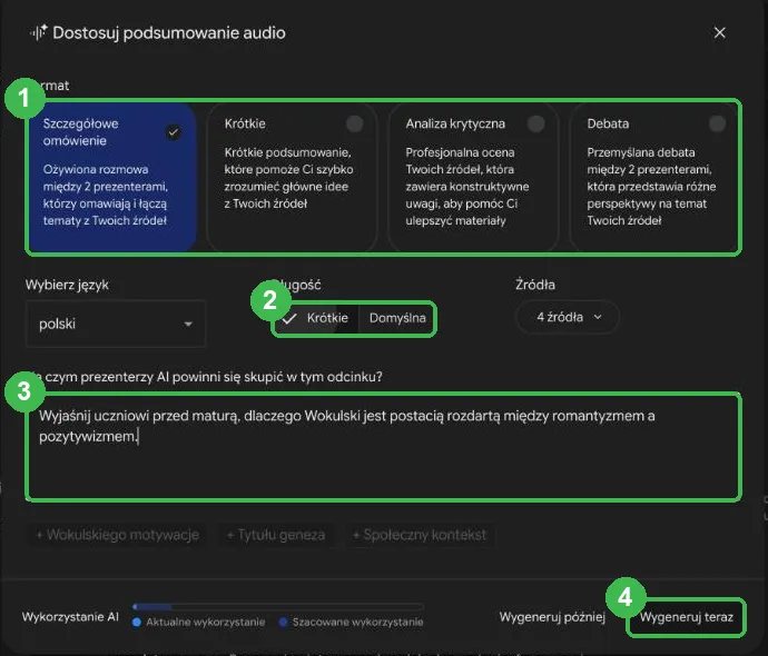 Okno Dostosuj podsumowanie audio z formatem, długością, tematem i przyciskiem Wygeneruj teraz