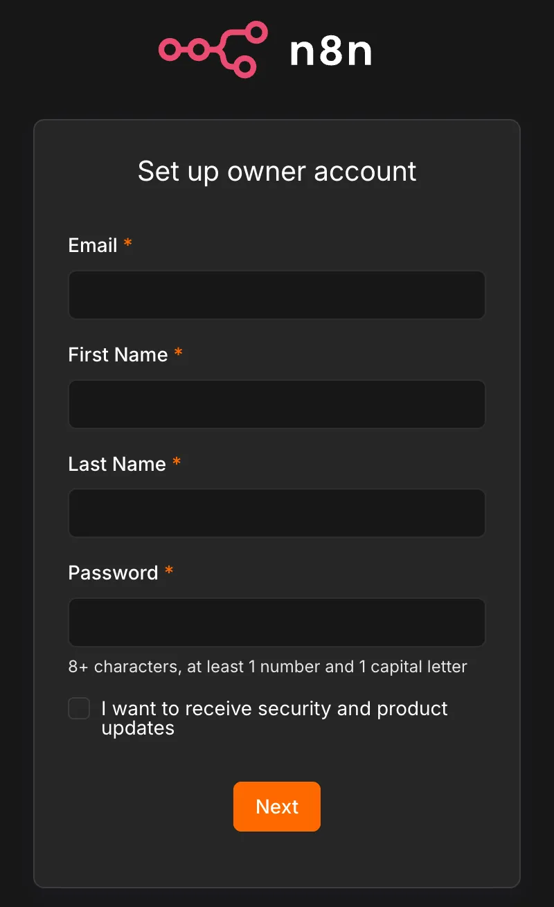 Formularz Set up owner account w n8n - pola Email, First Name, Last Name, Password i przycisk Next
