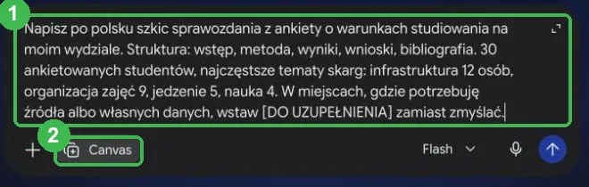 Polecenie szkicu sprawozdania z danymi ankiety i plakietką Canvas