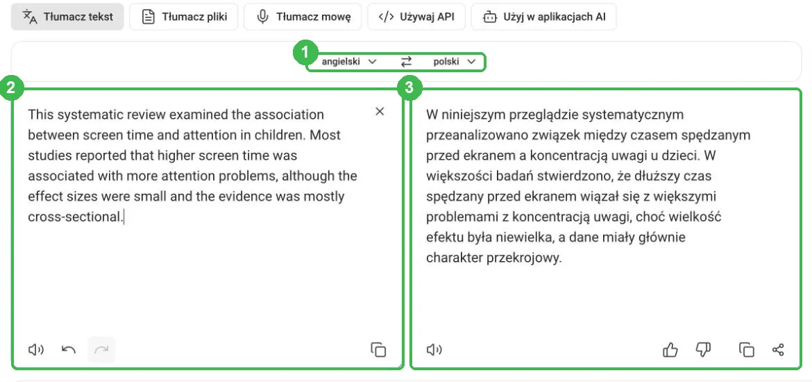DeepL: abstrakt po angielsku po lewej i tłumaczenie na polski po prawej